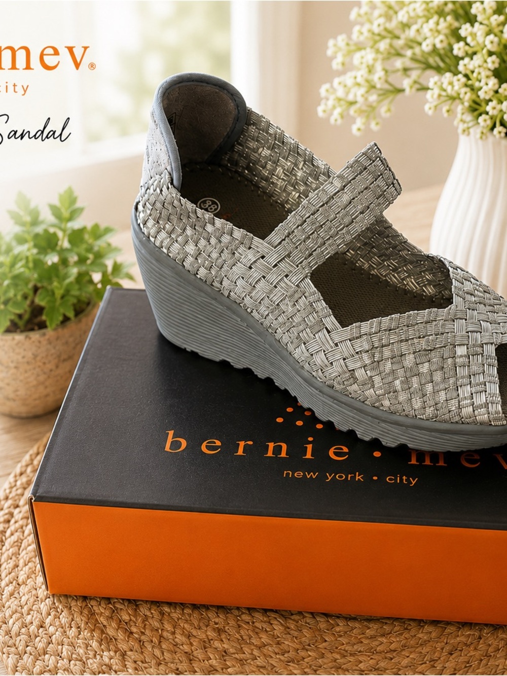 Bernie Mev Hallie Wedge Sandals Silver Grey EU 38 US 7.5–8 New in Box